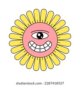 Hippie groovy chamomile smiley character good vibes. Funky retro daisy mascot. Flower head with big smile on crazy face. Psychedelic positive vintage cartoon style plant. Trendy y2y pop culture floral