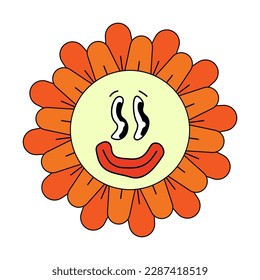 Hippie groovy chamomile smiley strange character. Retro daisy flower head crazy mascot melting face. Psychedelic positive nostalgia vintage cartoon plant. Trendy y2y pop culture funky floral. Vector