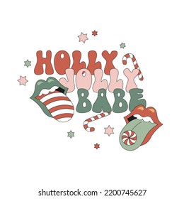 Hippie Groovy Christmas lips with tongue sweets candy starry vector illustration isolated on white. Holly Jolly Babe phrase. Retro 60s 70s mouth sweetmeat Xmas Holiday festive season poster.