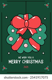 Hippie Groovy Christmas poster with spruce wreath garland vector illustration. Retro 60s 70s Xmas ornaments round frame Holiday season greeting postcard design.