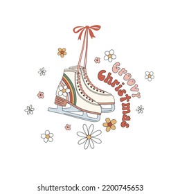 Hippie Groovy Christmas racing ice skates rainbow daisy floral vector illustration isolated on white. Boho Retro 60s 70s roller skate Xmas Holiday festive season poster.