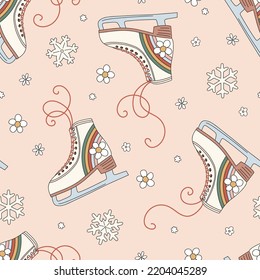 Hippie Groovy Christmas racing ice skates rainbow daisy floral vector seamless pattern. Retro 60s 70s roller skate Xmas background for holiday festive season wrapping paper.