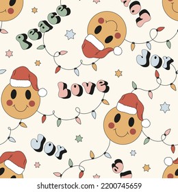 Hippie Groovy Christmas Santa Claus Smile Face garland vector seamless pattern. Retro 70s 60s Smiling icon Xmas New Year holiday season background for gift wrapping paper.