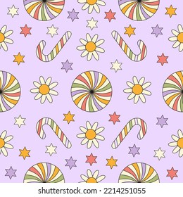 Hippie groovy christmas seamless pattern. Retro festive floral background in style 60s, 70s. Trendy vector illustration. Pastel colors