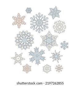 Hippie Groovy Christmas snowflakes vector illustration set isolated on white. Retro 60s 70s Winter wonderland flakes of snow print collection for Xmas holiday season decor and card making.