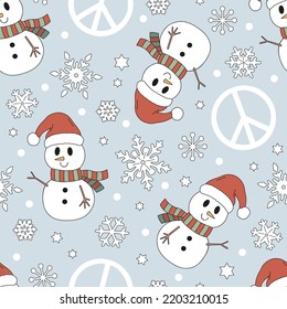 Hippie Groovy Christmas snowman in Santa hat and scarf snowflakes peace sign vector seamless pattern. Retro 60s 70s pacifist Xmas background for holiday festive season wrapping paper. 