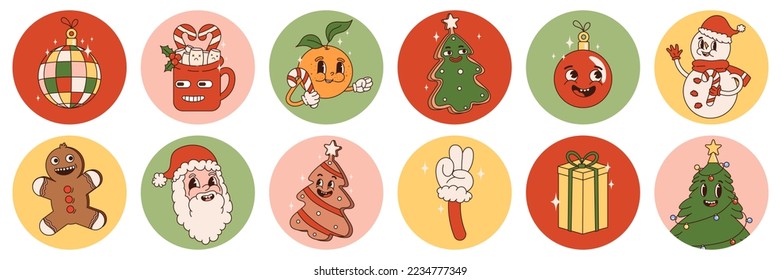 Paquete de emoticones de navidad hippie con personajes y elementos de dibujos animados retro. Feliz Navidad y feliz año nuevo en las vibraciones de los 70.