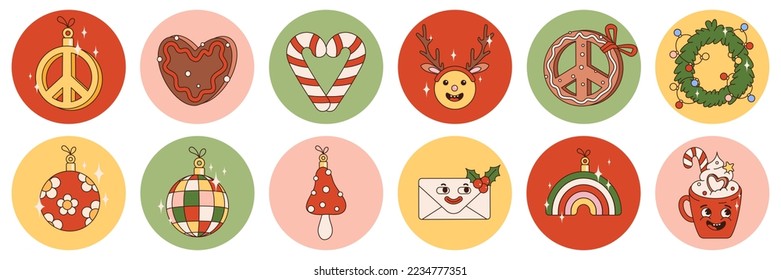 Hippie groovy christmas sticker  pack with retro cartoon characters and elements. Merry christmas and happy new year in 70s vibes.
