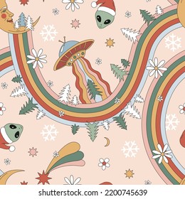 Hippie Groovy Navidad Trippy Rainbow UFO Santa Alien Smiley Face vector patrón sin fisuras. De los años 70 del retro el fondo floral del platillo volador extraterrestre de Navidad.