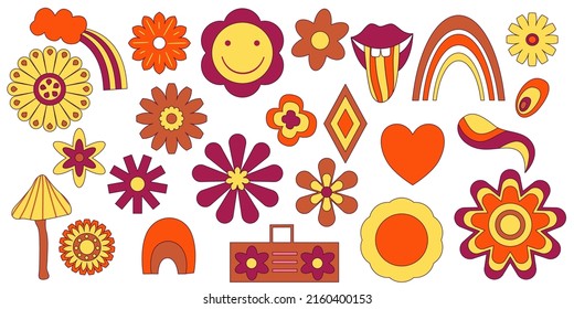 Hippie groovy clipart set with flower, rainbow , lip isolated on white background Retro happy flower daisy vector art illustration. Isolated vector illustration.