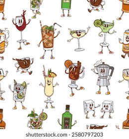 Hippie groovy cocktail drink and beverage characters seamless pattern with cocktails, coffee, tea and wine retro y2k personages. Cartoon vector playful tile includes bottles, ice cubes and garnishes