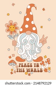 Hippie Groovy Dwarf with long beard show peace sign hold smile face flower vector illustration. Peace to the world phrase. Retro 70s 60s fairy flower power vibes Gnome poster.