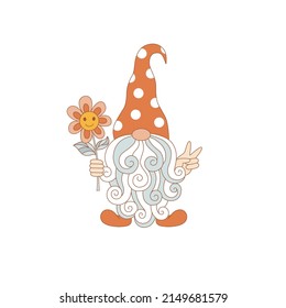 Hippie Groovy Dwarf with long beard show peace sign hold smile face flower vector illustration isolated on white. Retro 70s 60s fairy flower power vibes gnome print.