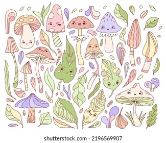 Colección de elementos de groovy hippie. Esbozar los doodles coloridos del bosque. Hojas de caricatura, hongos con caras. Personajes de naturaleza divertidos para los niños. Ilustración adecuada para pegatinas, impresiones. Conjunto de vectores