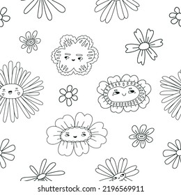 Hippie groovy floral seamless pattern. Outline black and white doodles surface. Cartoon flowers with smiling faces. Funny nature characters. Cute vector texture for textile, fabric, coloring pages