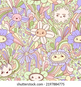Hippie groovy floral seamless pattern. Outline colorful surface. Cartoon doodle rainbows, flowers with smiling faces. Funny nature characters for kids, girls. Cute vector texture for textile, fabric