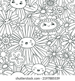 Hippie Groovy Floral Seamless Pattern Outline Stock Vector (Royalty ...