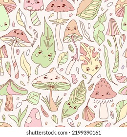 Hippie groovy floral seamless pattern. Outline colorful forest doodles. Cartoon plants, leaves, mushrooms with faces. Funny nature characters for kids. Cute vector texture for textile, fabric, paper