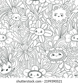 Hippie Groovy Floral Seamless Pattern Outline Stock Vector (Royalty ...