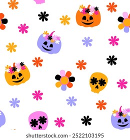 Hippie Groovy Calabaza linda de Halloween. Patrón sin fisuras de Vector. Fondo brillante con flores. Retro 60s 70s estilo divertido