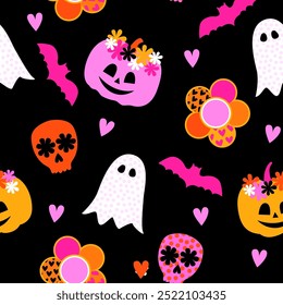 Hippie Groovy Halloween Pumpkin, bat, ghost, skull. Vector seamless pattern. Bright background with flowers, heart, dots. Retro 60s 70s funny 