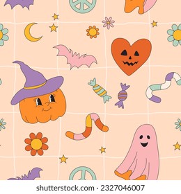 Hippie Groovy Halloween Pumpkin ghost Daisy florals vector seamless pattern. Retro 60s 70s Boho trick or treat autumn holiday vegetable background. Spooky Flower power surface design.