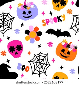 Hippie Groovy Halloween Pumpkin. Vector seamless pattern. Bright background with flowers, heart, dots. Retro 60s 70s funny style