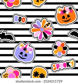 Hippie Groovy Halloween Pumpkin Padrão sem emenda do vetor. Fundo brilhante. Emblemas de patch de moda em estilo bonito no fundo de listras repetidas. Retro 60s 70s estilo engraçado