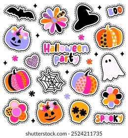 Hippie Groovy Halloween Pumpkin. Vector patches. Funny sticker pack with flowers, heart., Retro 60s 70s funny style