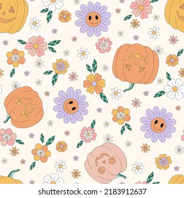 Hippie Groovy Halloween Pumpkin Zombi Daisy florals vector seamless pattern. Retro 60s 70s Boho trick or treat autumn holiday vegetable background. Spooky Flower power surface design.