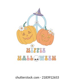 Hippie Groovy Halloween Pumpkin Zombi Peace sign Witch hat skull vector illustration isolated on white. Retro 60s 70s Boho spooky floral autumn holiday vegetable print for T-shirt design.