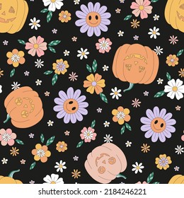 Hippie Groovy Halloween Pumpkin Zombi Daisy florals vector seamless pattern. Retro 60s 70s Boho trick or treat autumn holiday vegetable background. Spooky Flower power surface design.