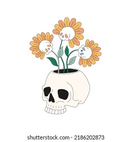 Hippie Groovy Halloween skull flowerpot with skull flowers vector illustration isolated on white. Retro 70s 60s Braincase skeleton dead head pot print for T-shirt design.