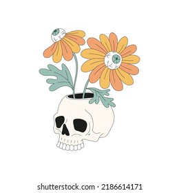 Hippie Groovy Halloween skull flowerpot with eyed flowers vector illustration isolated on white. Retro 70s 60s Braincase skeleton dead head pot print for T-shirt design.