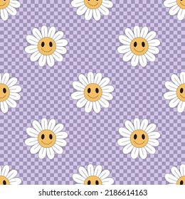 Hippie Groovy Halloween Zombie Daisy Smiley on Checkerboard vector seamless pattern. Retro 70s 60s Funny floral emoji background. Flower power emoticons surface design.