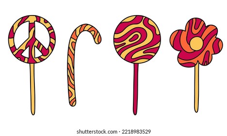 Hippie groovy lollipops with wave pattern. Vector set