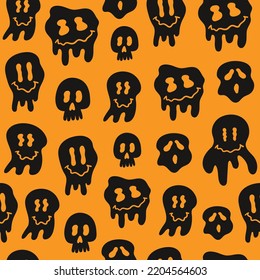 Hippie groovy melting smile black faces on a orange background. Funny Halloween seamless pattern.  Vector trendy retro print