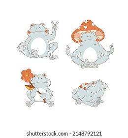 Hippie Groovy peaceful blue Frog show Peace sign meditate hold flower vector illustration set isolated on white. Retro 70s 60s Boho Flower Power vibes Toad amphibian print.