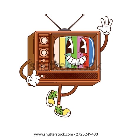 Hippie groovy retro tv vector character. Vintage brown television with antennas and control buttons, colorful striped screen and happy emotions. Harm and 1970s retro vibe funky hippie character