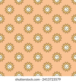 Hippie Groovy Smiling Flower vector concept colored seamless pattern