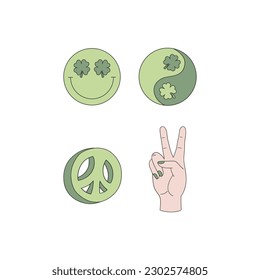 Hippie Groovy St Patrick day vector illustration isolated on white. Smiling face, peace sign, peace hand gesture, Yin Yang symbol. Retro 70s 60s Patrick design.