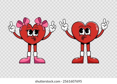 Hippie Groovy Valentine's Day Cute Hearts Characters girl and boy rejoice. Retro 70s 60s 80s