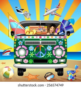 Hippie Groovy Van Traveling to the Beach