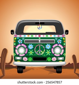 Hippie Groovy Van Traveling On The Desert 