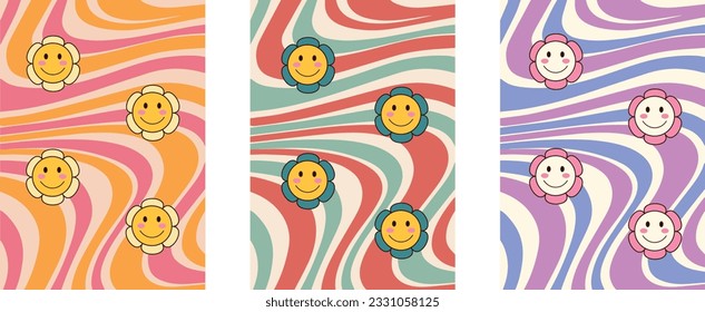 Hippie groovy vibes with flowers and waves. Poster 70s, 80s. Trendy flower posters in pastel bright colors. Vintage poster. Fashion and beauty. Abstract floral posters. Set. Pattern.