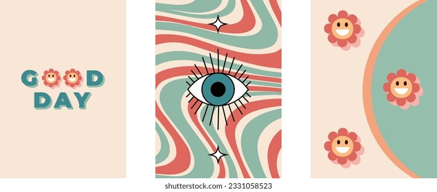 Hippie groovy vibes with flowers and waves. Poster 70s, 80s. Trendy flower posters in pastel bright colors. Vintage poster. Fashion and beauty. Abstract floral posters. Set. Pattern.
