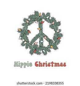 Hippie Groovy Xmas spruce wreath with garland peace sign vector illustration. Happy Christmas equivoque. Retro 60s 70s Winter wonderland Holiday festive season greeting postcard design.