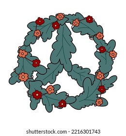 Hippie Groovy Xmas spruce wreath with daisy garland. Peace sign vector illustration. Retro vibes 60s, 70s. For greeting postcard, invitations.