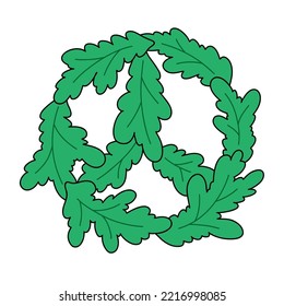 Hippie Groovy Xmas spruce wreath. Peace sign vector illustration. Retro vibes 60s, 70s. For greeting postcard, invitations.