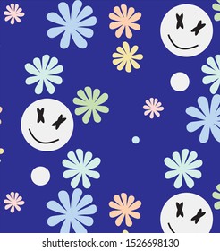 Hippie Grunge Smiley Faces and Daisies Vector Pattern Background 70s 90s